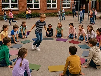 Kinder spielen mit Sanoplay Sportfliese auf dem Schulhof