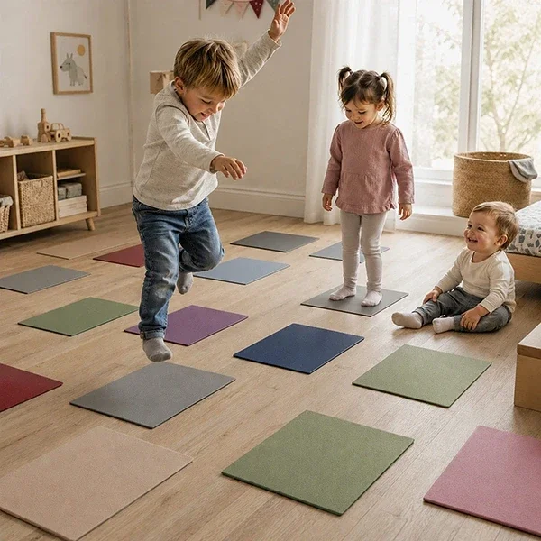Kinder rennen über beidseitig rutschfeste Sanoplay Spielfliese